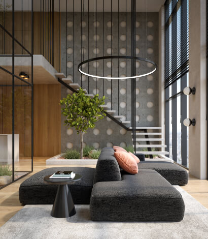 Luxury stylished living room with glass table