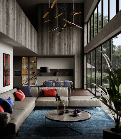 living room with glass window